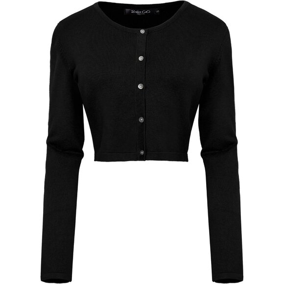 Women's Cropped Cardigan Sweater Long Sleeve Crew Neck Button Up - Picture 2 of 5